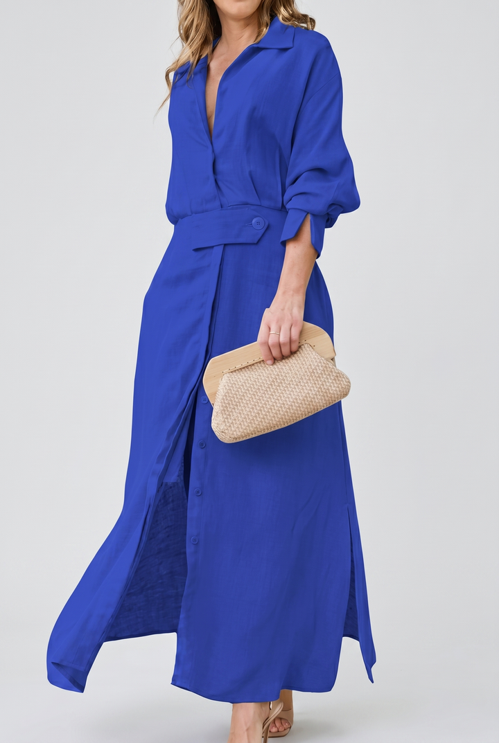 Elegant V Neck Pleated Maxi Dress with Flowing Dress