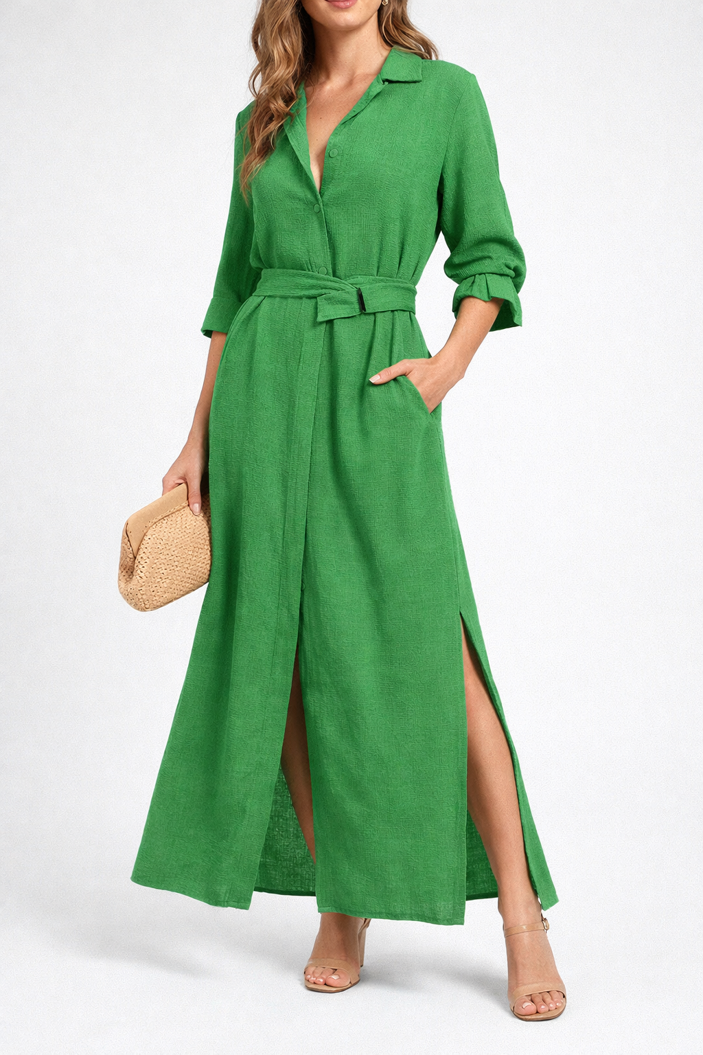 Elegant V Neck Pleated Maxi Dress with Flowing Dress