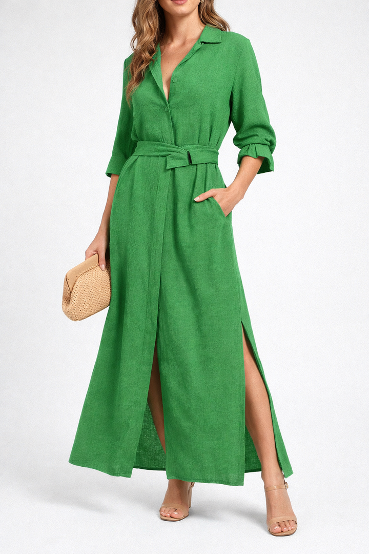 Elegant V Neck Pleated Maxi Dress with Flowing Dress