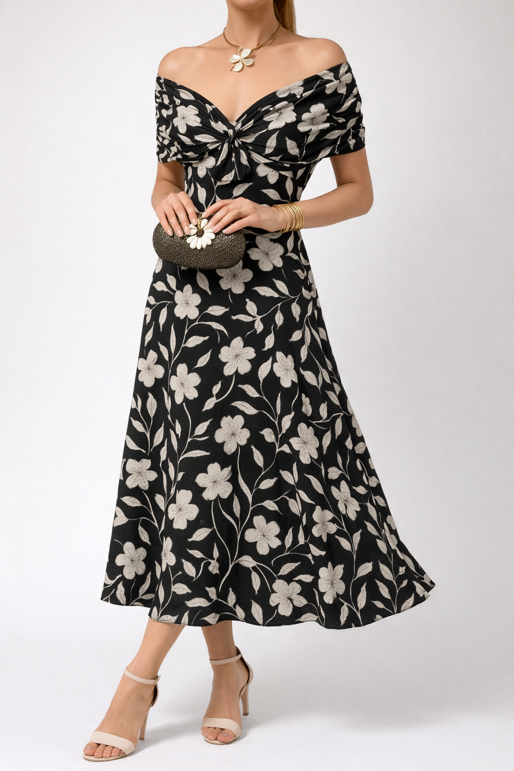 Off Shoulder Floral Print Midi Dress Summer Evening