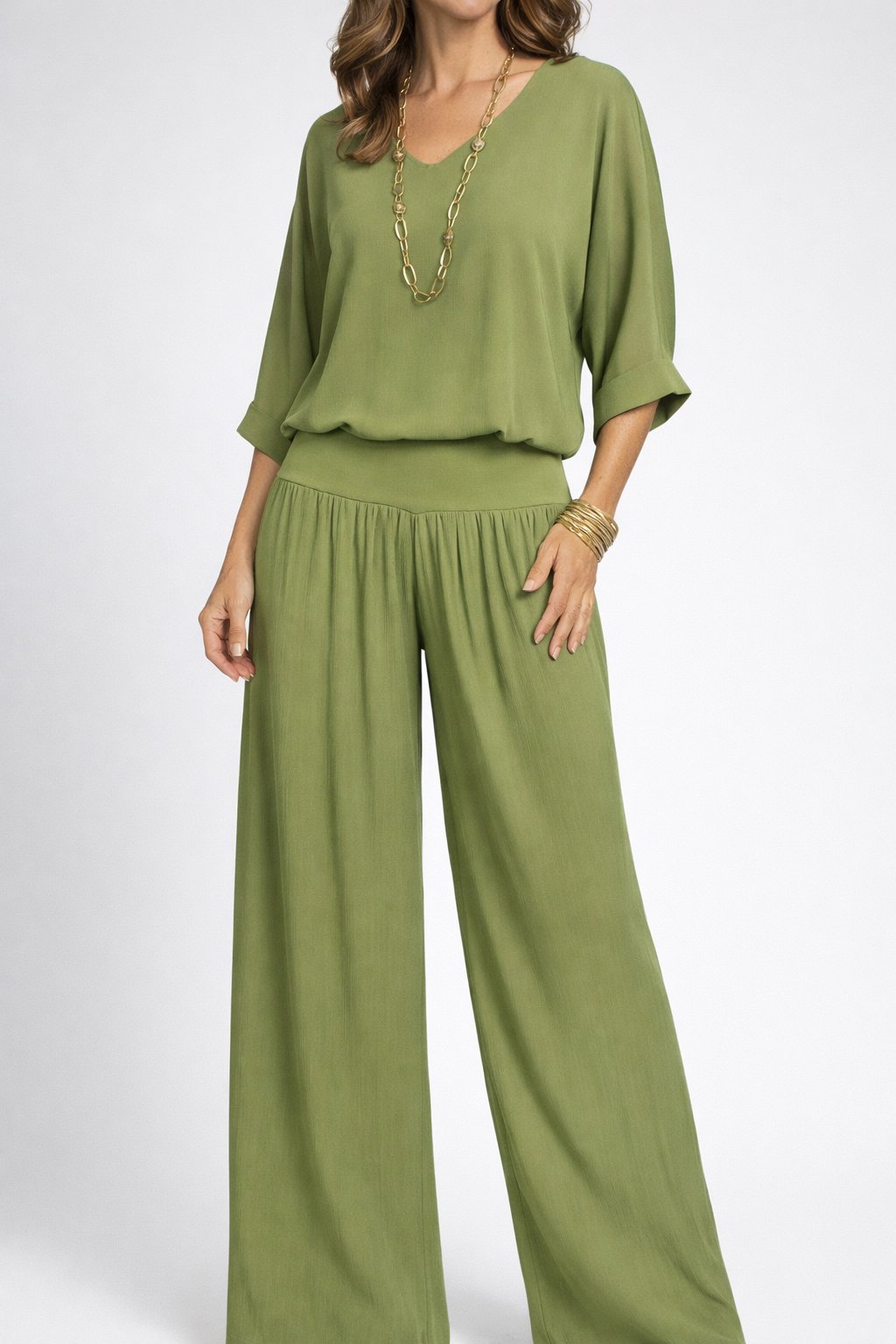 Womens Elegant Layered V Neck Top and Wide Leg Trousers Set