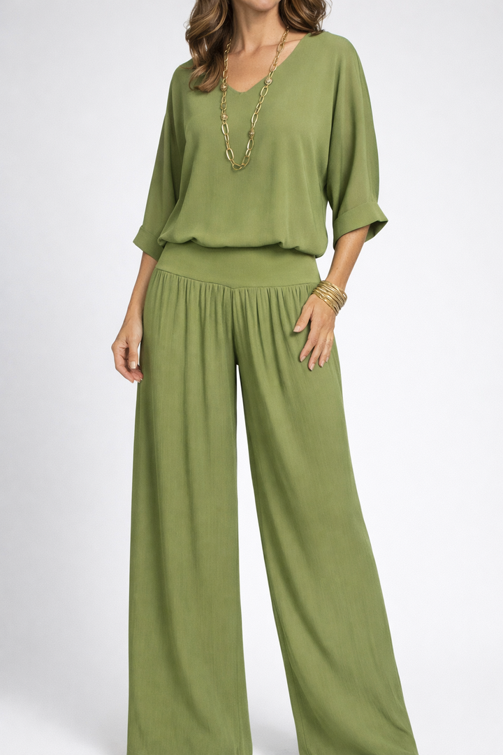 Womens Elegant Layered V Neck Top and Wide Leg Trousers Set