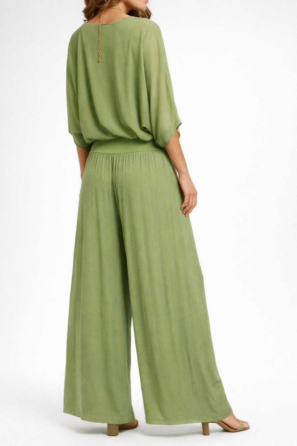 Womens Elegant Layered V Neck Top and Wide Leg Trousers Set