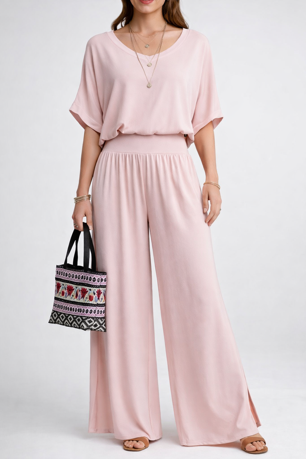 Womens Elegant Layered V Neck Top and Wide Leg Trousers Set