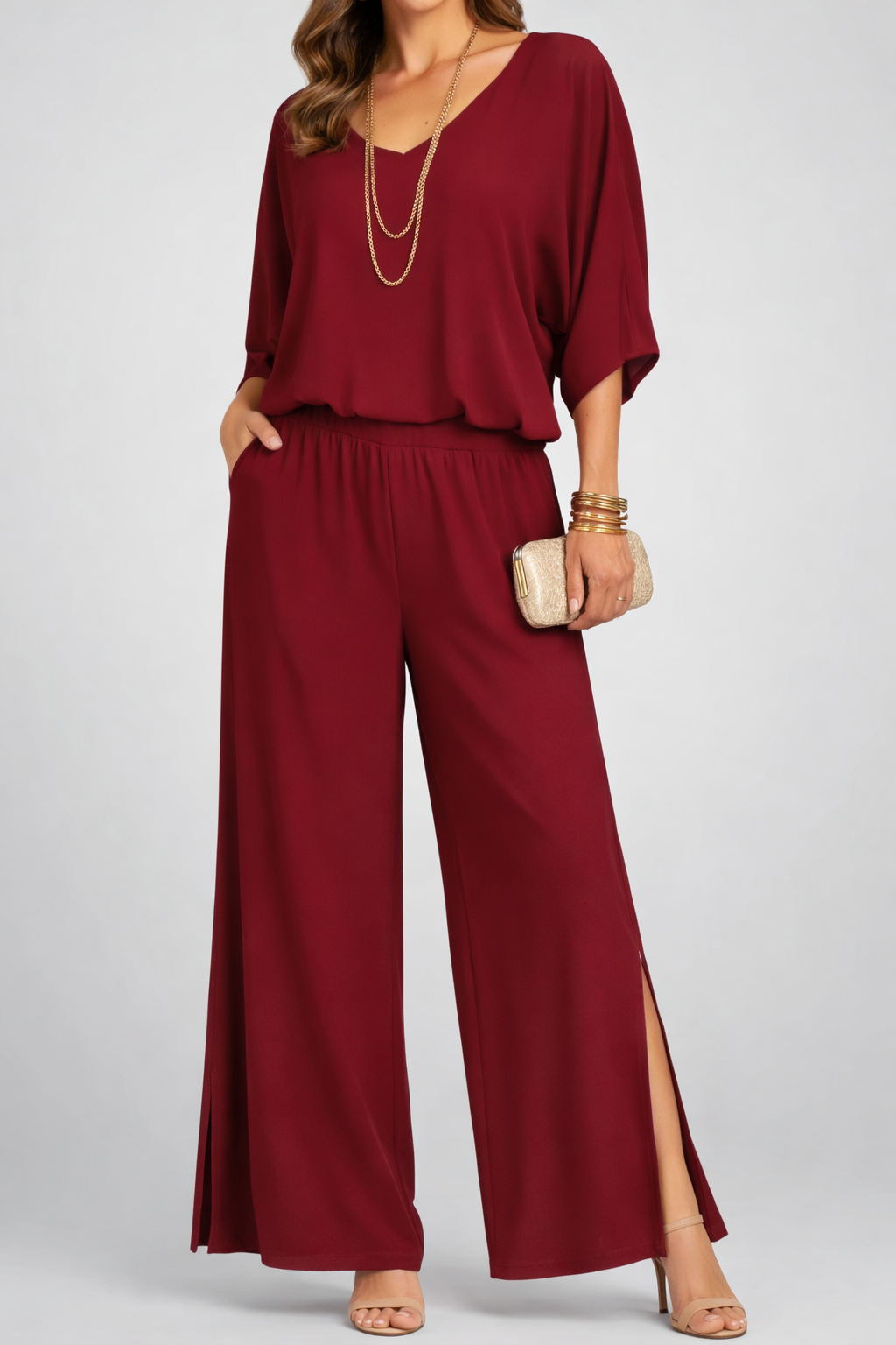 Womens Elegant Layered V Neck Top and Wide Leg Trousers Set