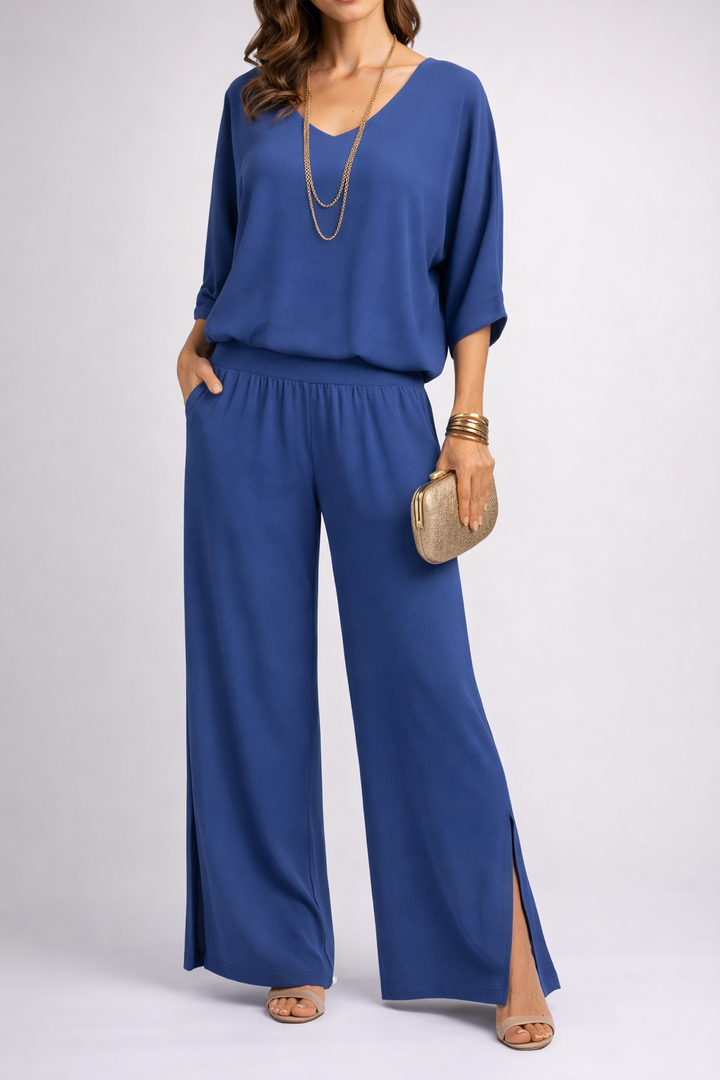 Womens Elegant Layered V Neck Top and Wide Leg Trousers Set