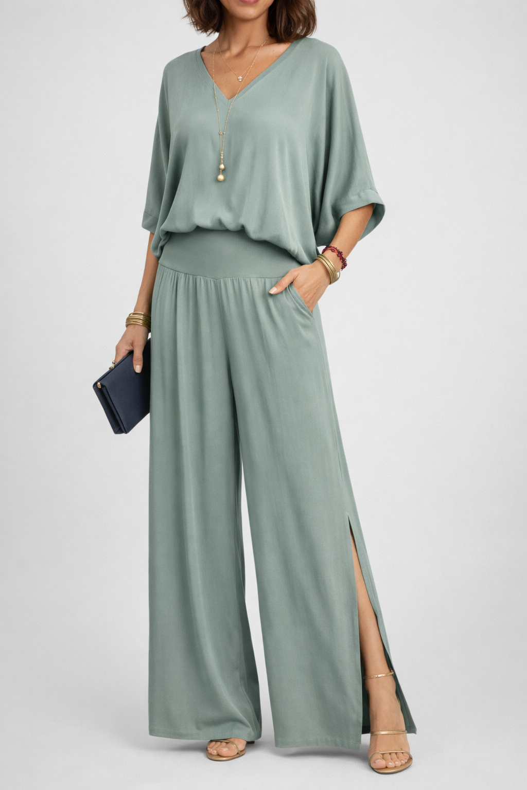 Womens Elegant Layered V Neck Top and Wide Leg Trousers Set
