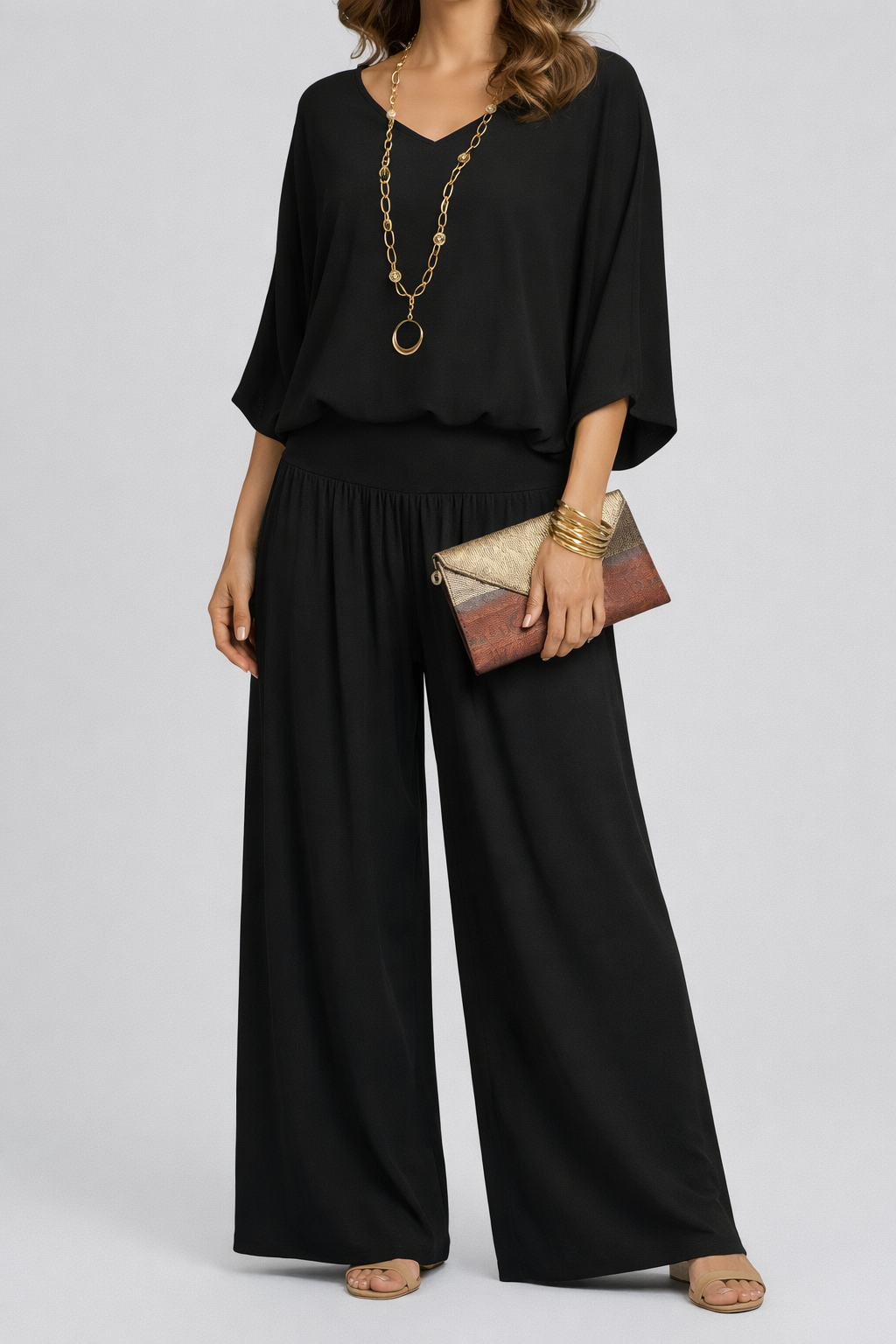 Womens Elegant Layered V Neck Top and Wide Leg Trousers Set
