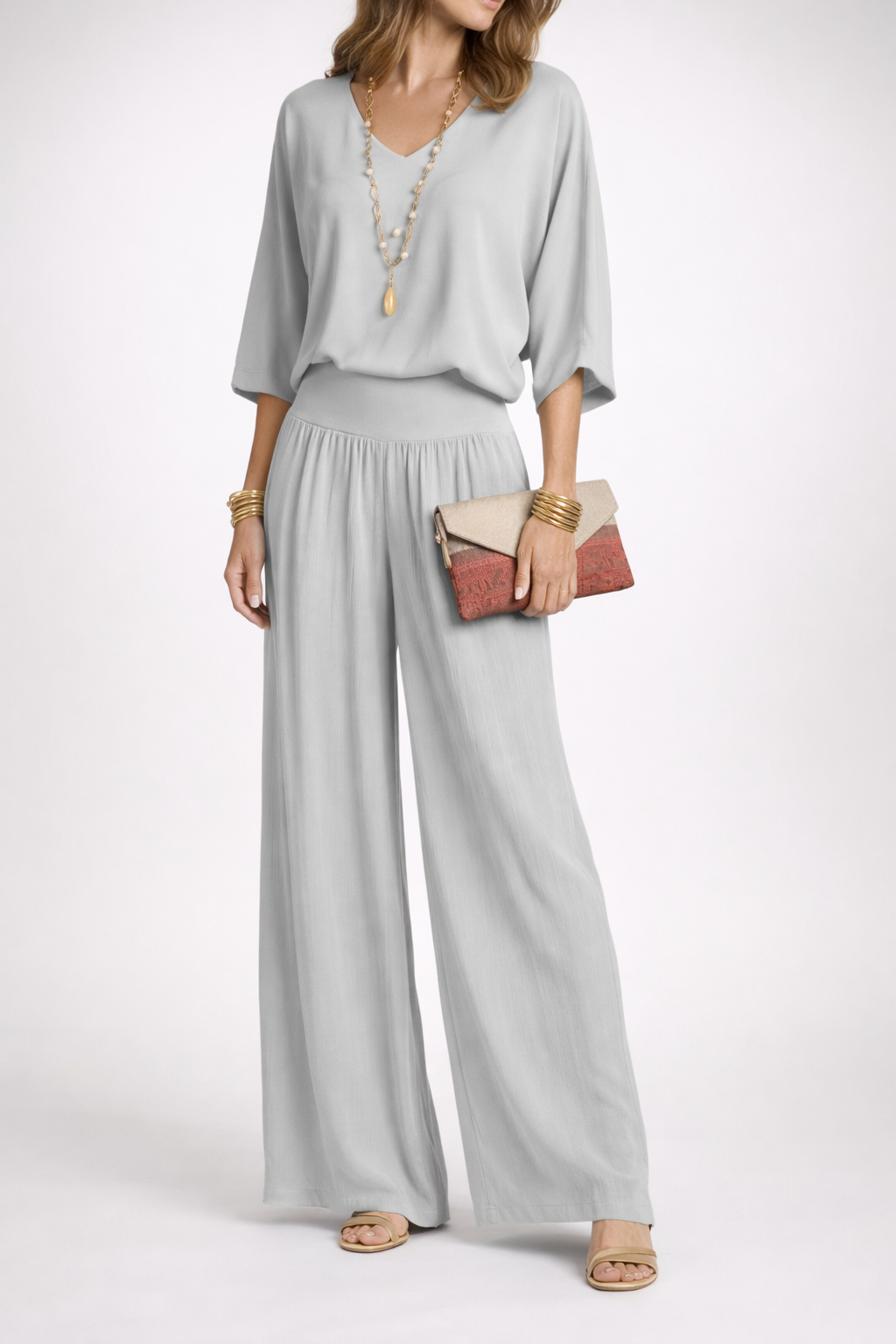 Womens Elegant Layered V Neck Top and Wide Leg Trousers Set