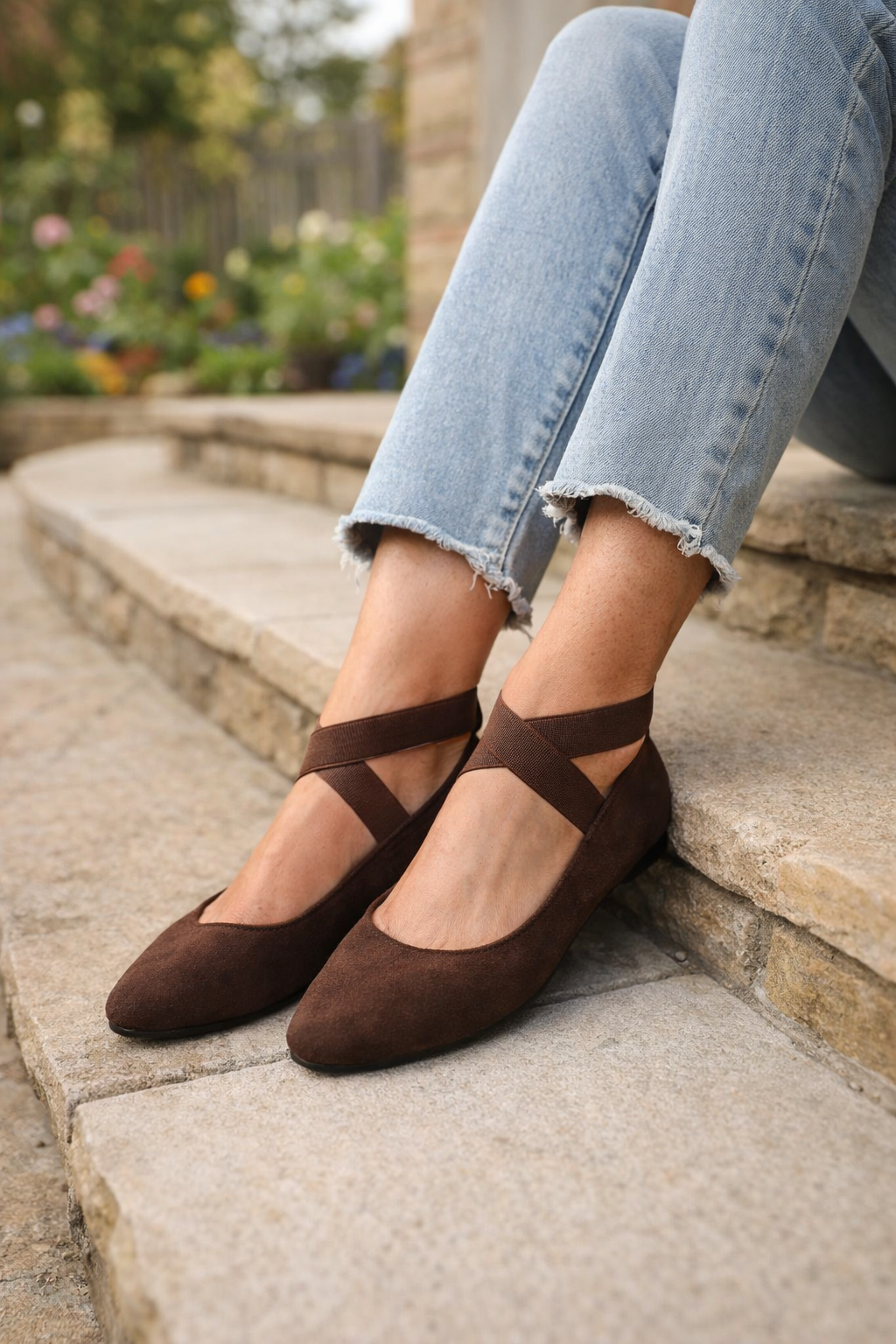 Womens Pointed Toe Ankle Strap Ballet Flats