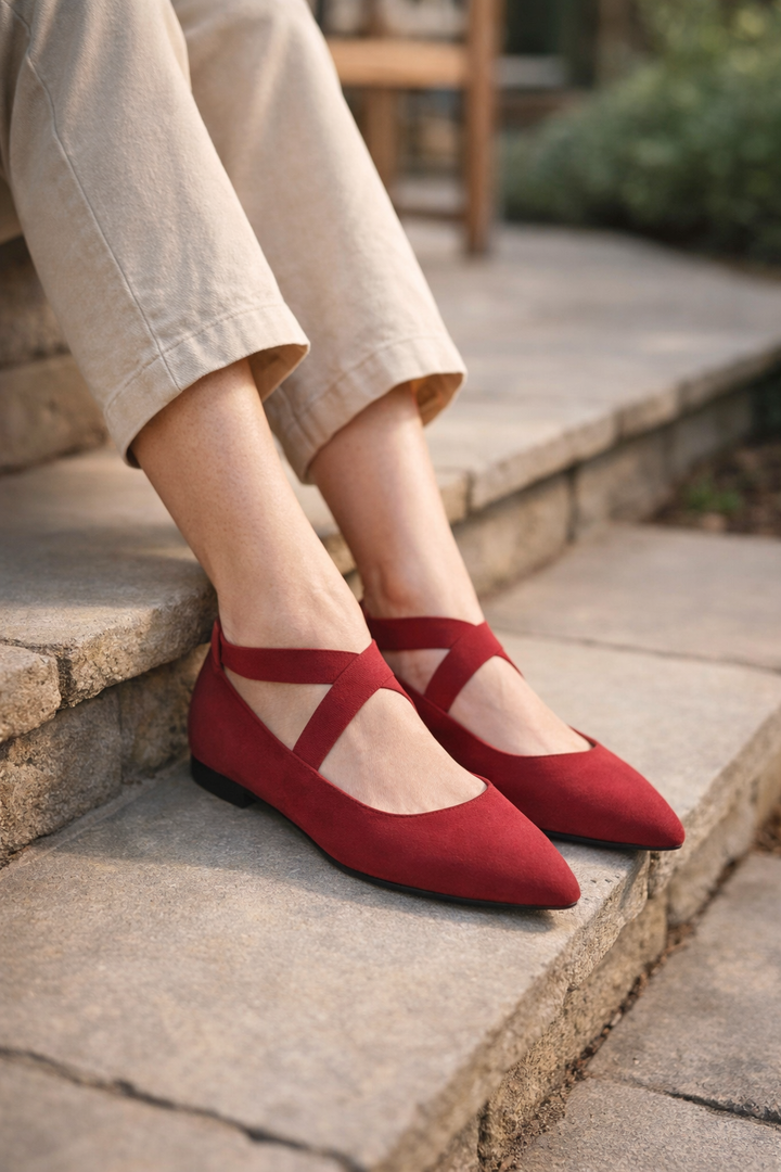 Womens Pointed Toe Ankle Strap Ballet Flats
