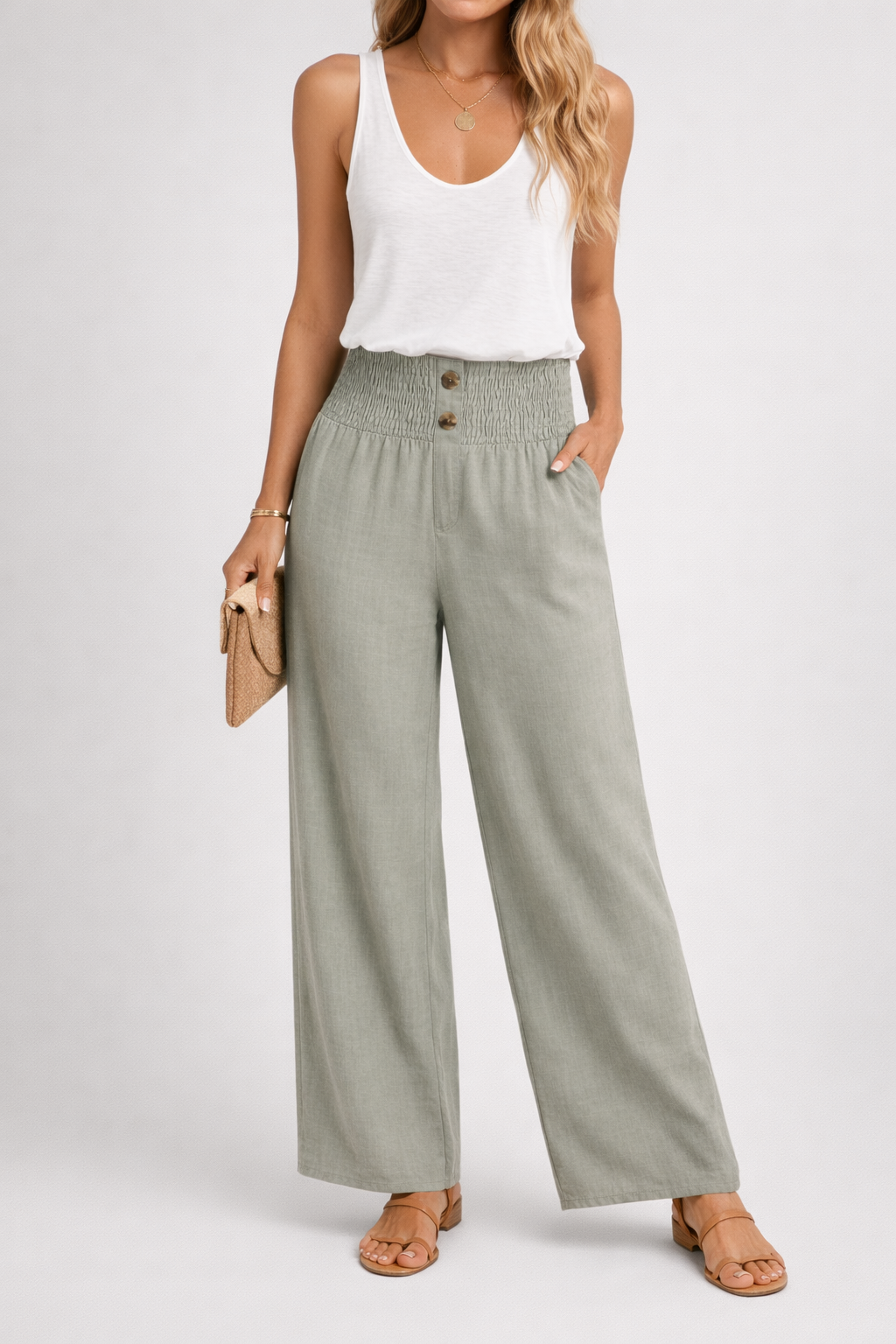 Womens High Waist Wide Leg Trousers Smocked Waistband Button Detail