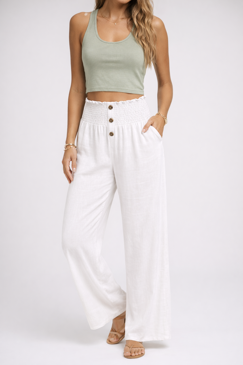 Womens High Waist Wide Leg Trousers Smocked Waistband Button Detail
