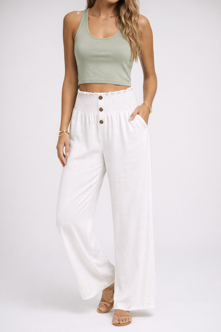 Womens High Waist Wide Leg Trousers Smocked Waistband Button Detail