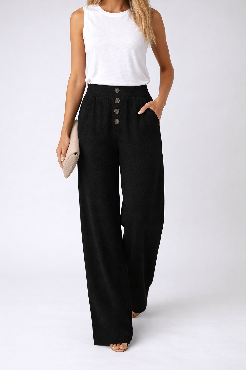 Womens High Waist Wide Leg Trousers Smocked Waistband Button Detail
