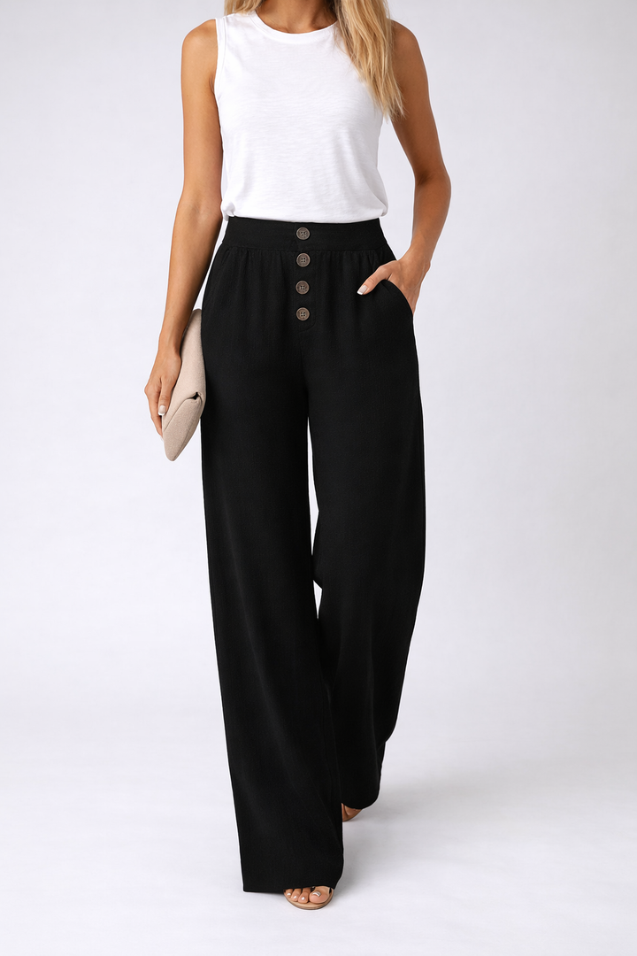 Womens High Waist Wide Leg Trousers Smocked Waistband Button Detail
