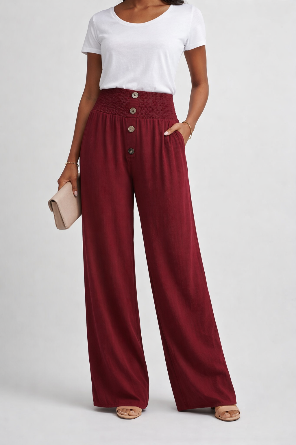 Womens High Waist Wide Leg Trousers Smocked Waistband Button Detail