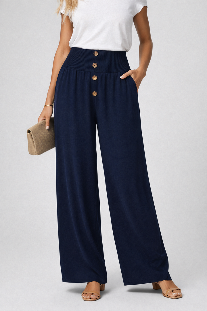 Womens High Waist Wide Leg Trousers Smocked Waistband Button Detail