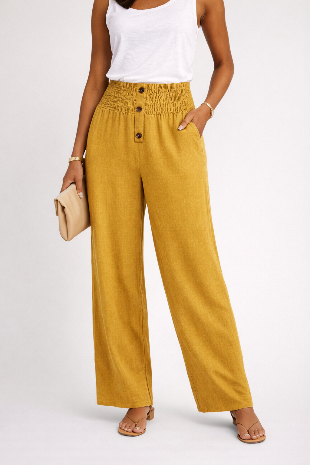Womens High Waist Wide Leg Trousers Smocked Waistband Button Detail