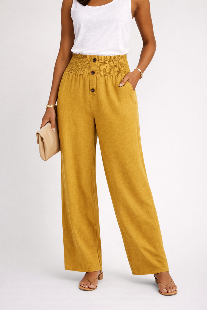 Womens High Waist Wide Leg Trousers Smocked Waistband Button Detail