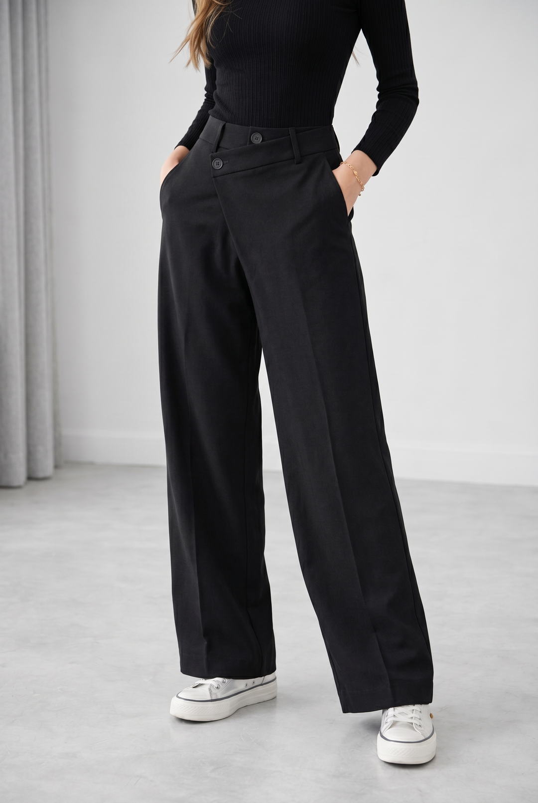 Womens Asymmetric Waist Baggy Trousers Relaxed Fit Statement