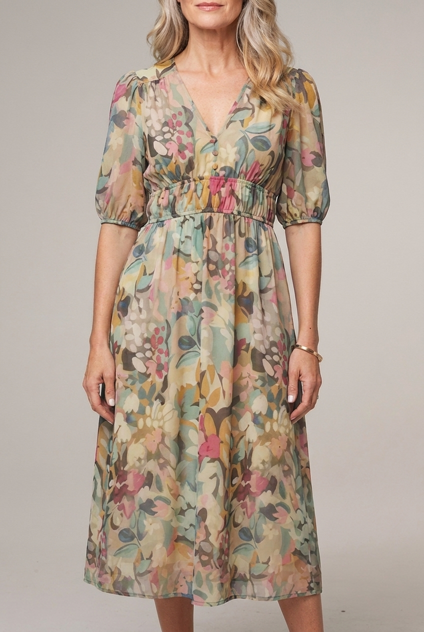 Floral Midi Dress Puff Sleeve Lightweight Summer