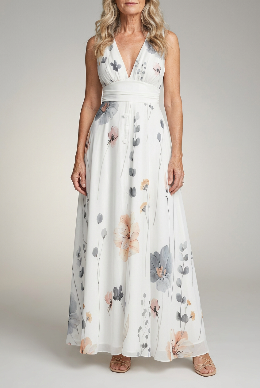 Floral V Neck Maxi Dress Sleeveless Flowing Fit