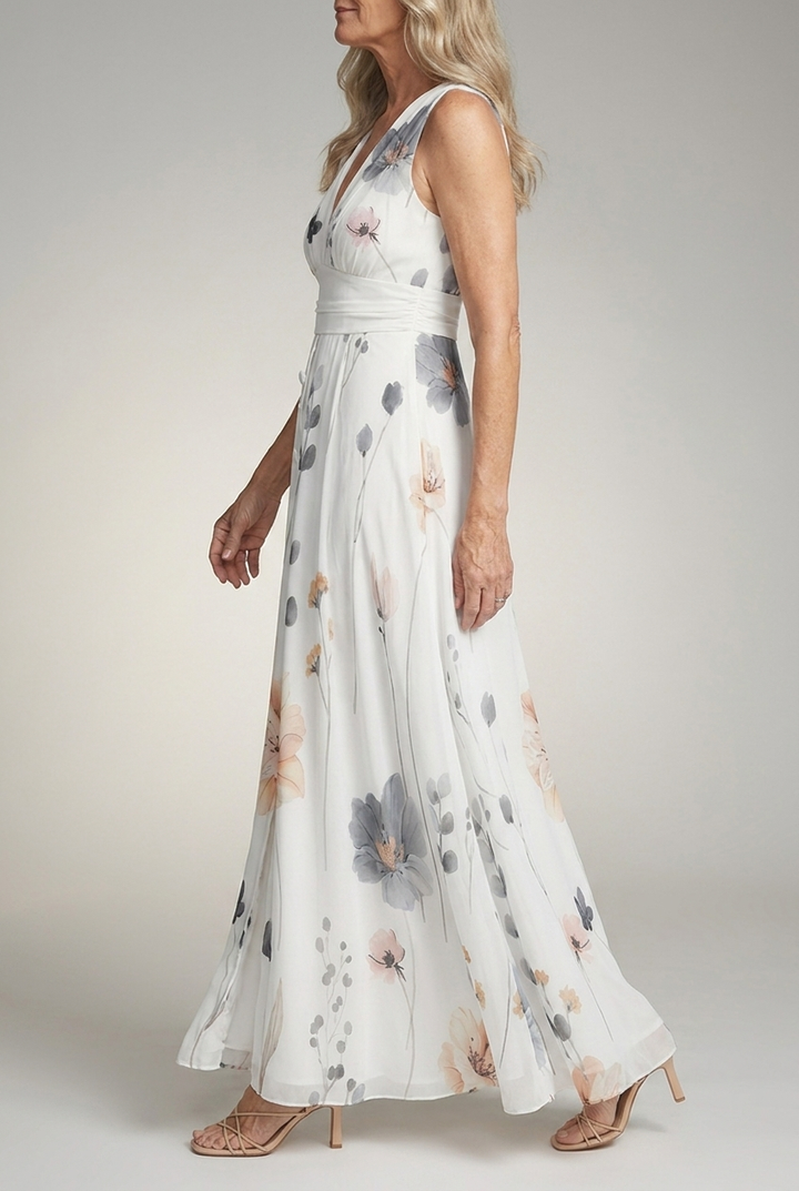 Floral V Neck Maxi Dress Sleeveless Flowing Fit