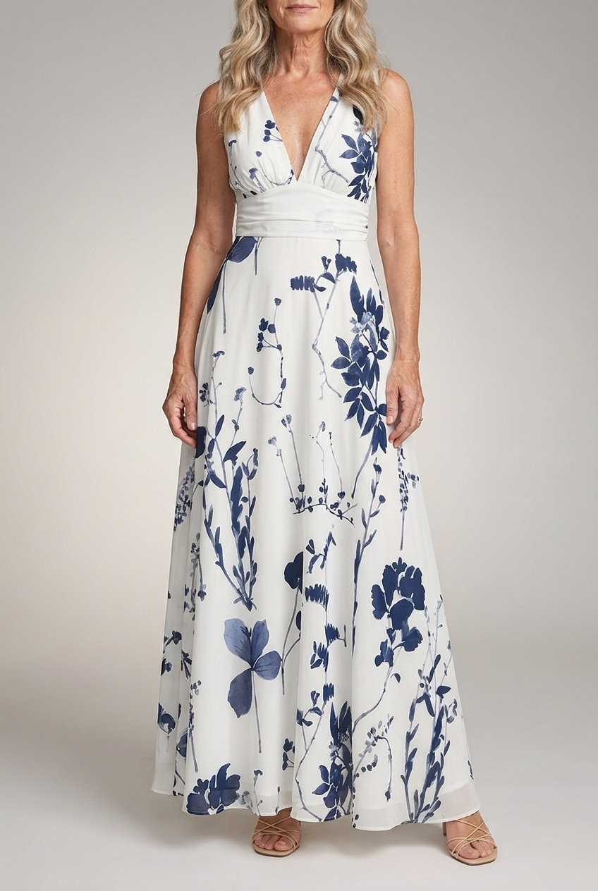 Floral V Neck Maxi Dress Sleeveless Flowing Fit