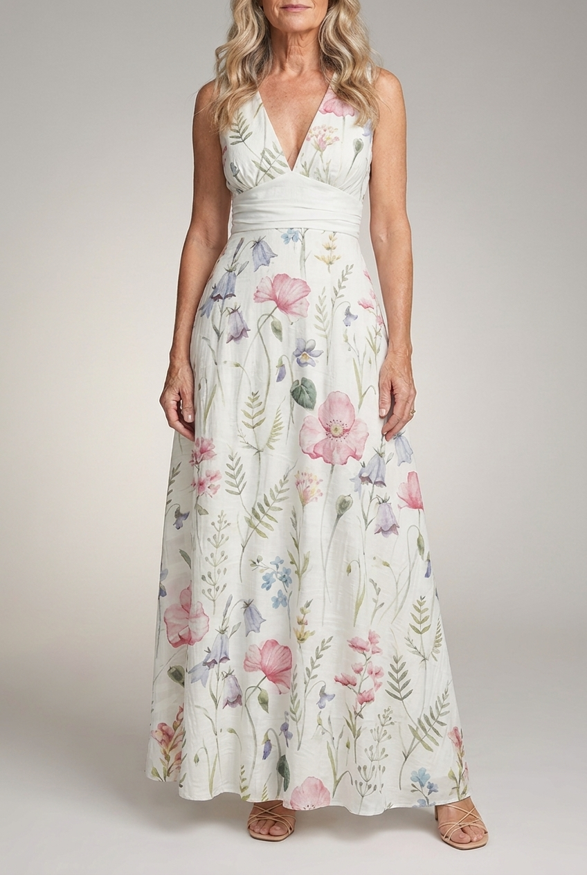 Floral V Neck Maxi Dress Sleeveless Flowing Fit
