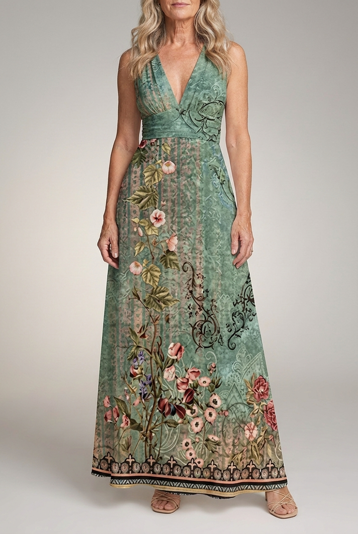 Floral V Neck Maxi Dress Sleeveless Flowing Fit