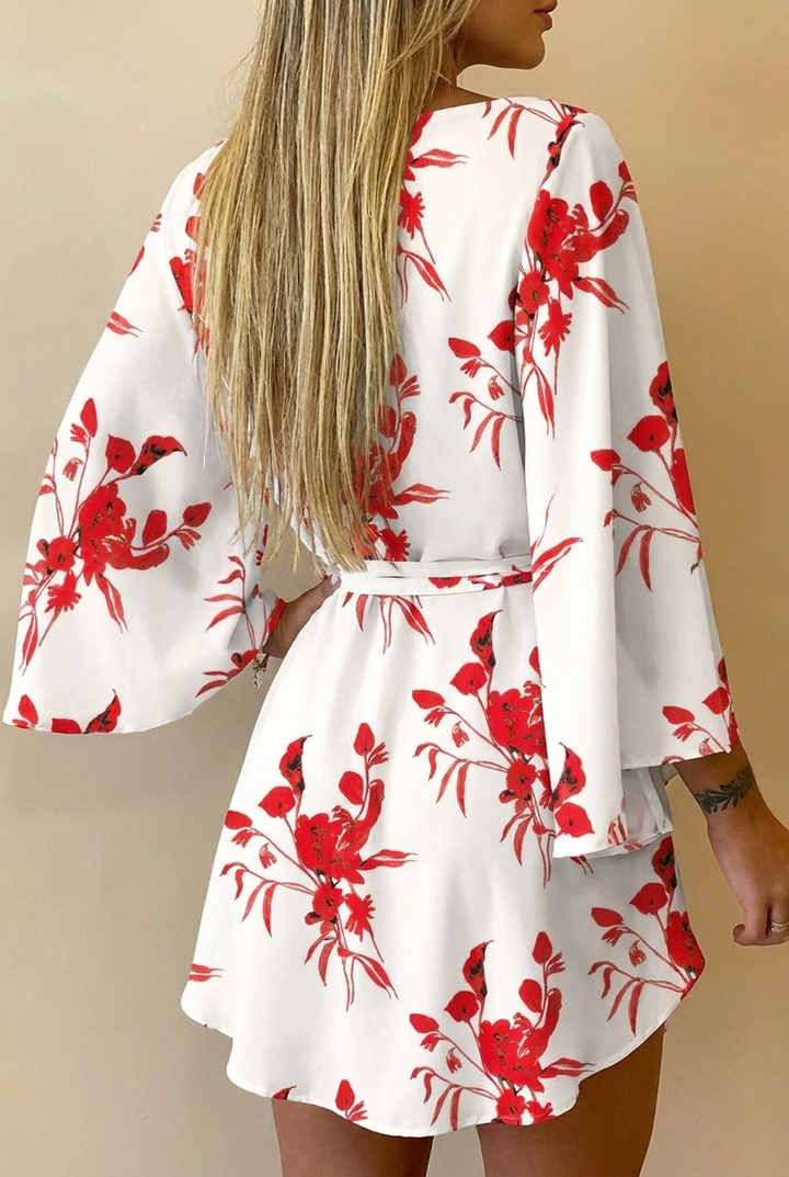 Floral V Neck Mini Sundress Batwing Sleeve Loose Fit