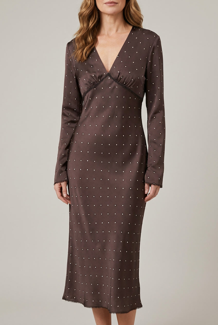 Polka Dot Satin Maxi Dress Lace Detail Long Sleeve