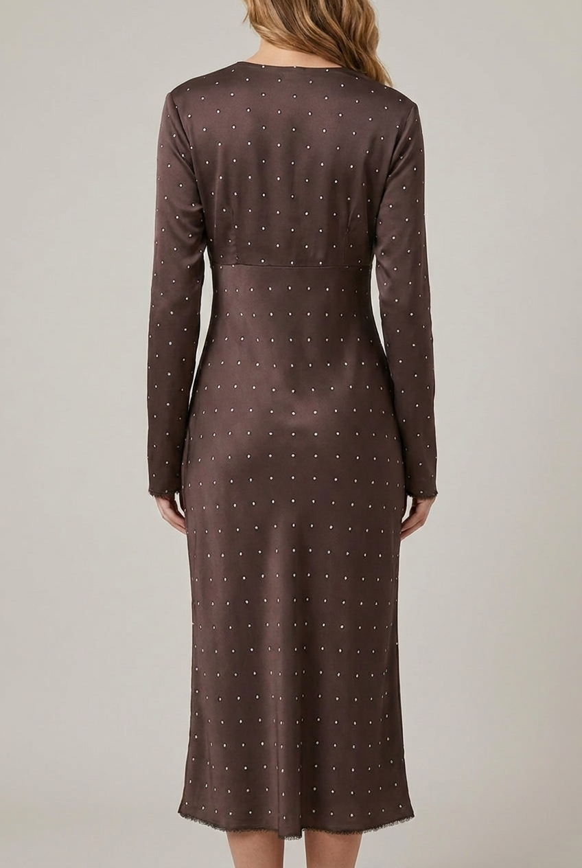 Polka Dot Satin Maxi Dress Lace Detail Long Sleeve
