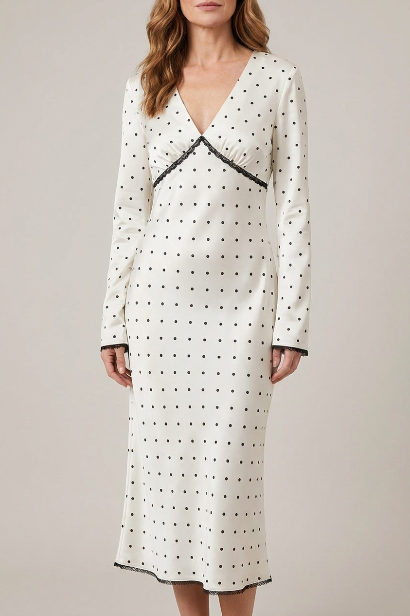 Polka Dot Satin Maxi Dress Lace Detail Long Sleeve