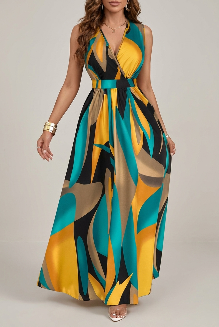 Tropical Print V Neck Maxi Dress Orange Knit Fit And Flare