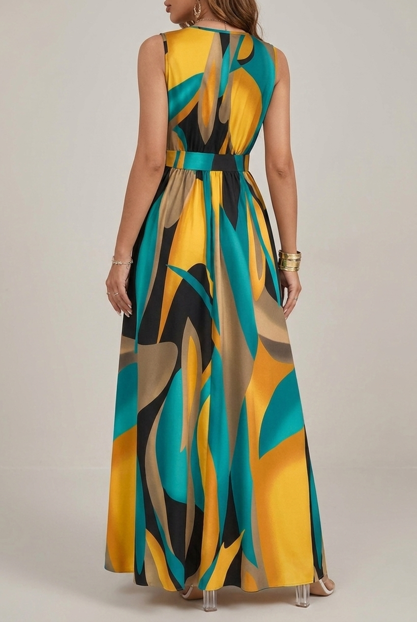 Tropical Print V Neck Maxi Dress Orange Knit Fit And Flare