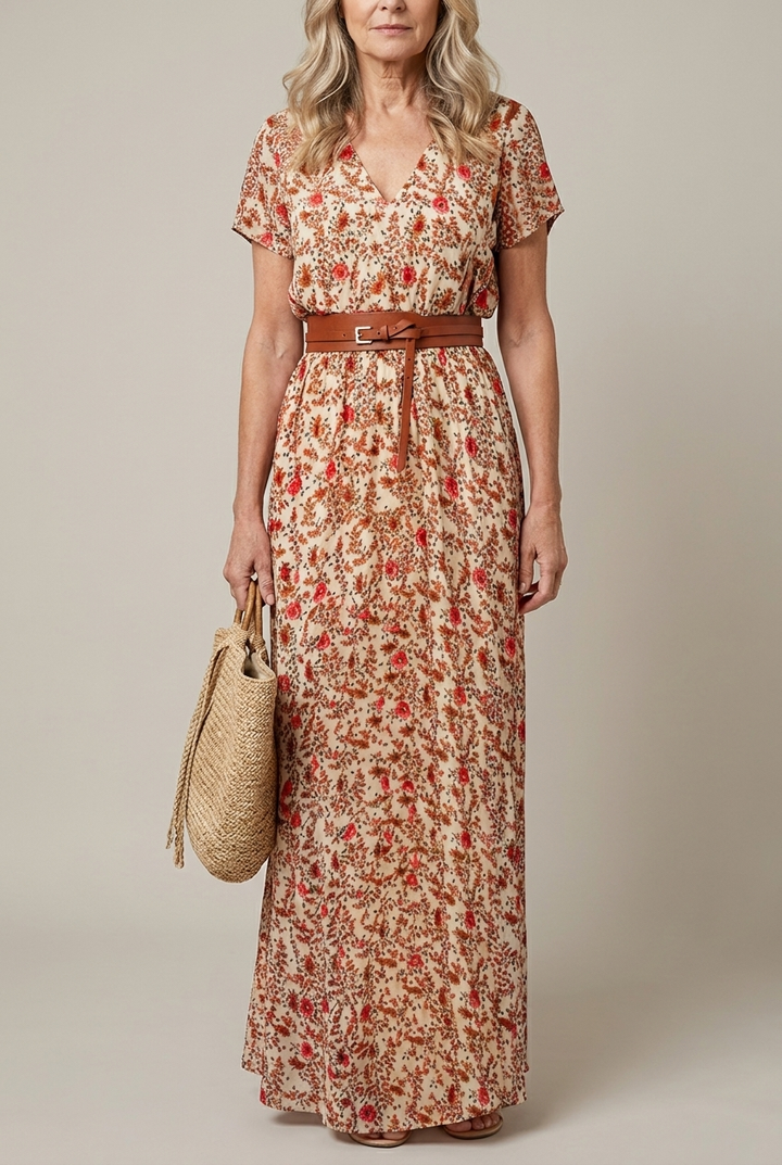 Floral Pleated Midi Dress V Neck Puff Sleeve Belted