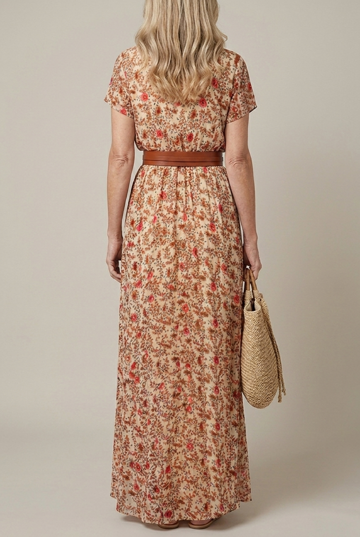 Floral Pleated Midi Dress V Neck Puff Sleeve Belted