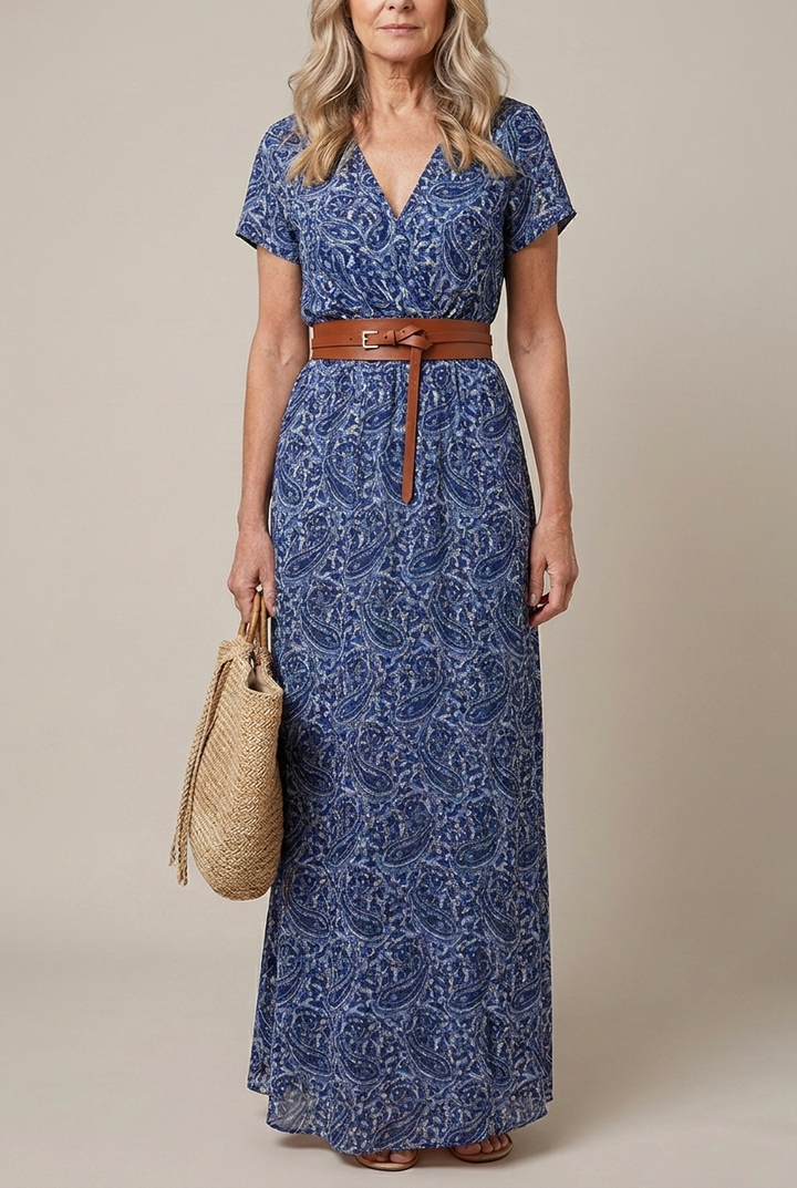 Floral Pleated Midi Dress V Neck Puff Sleeve Belted