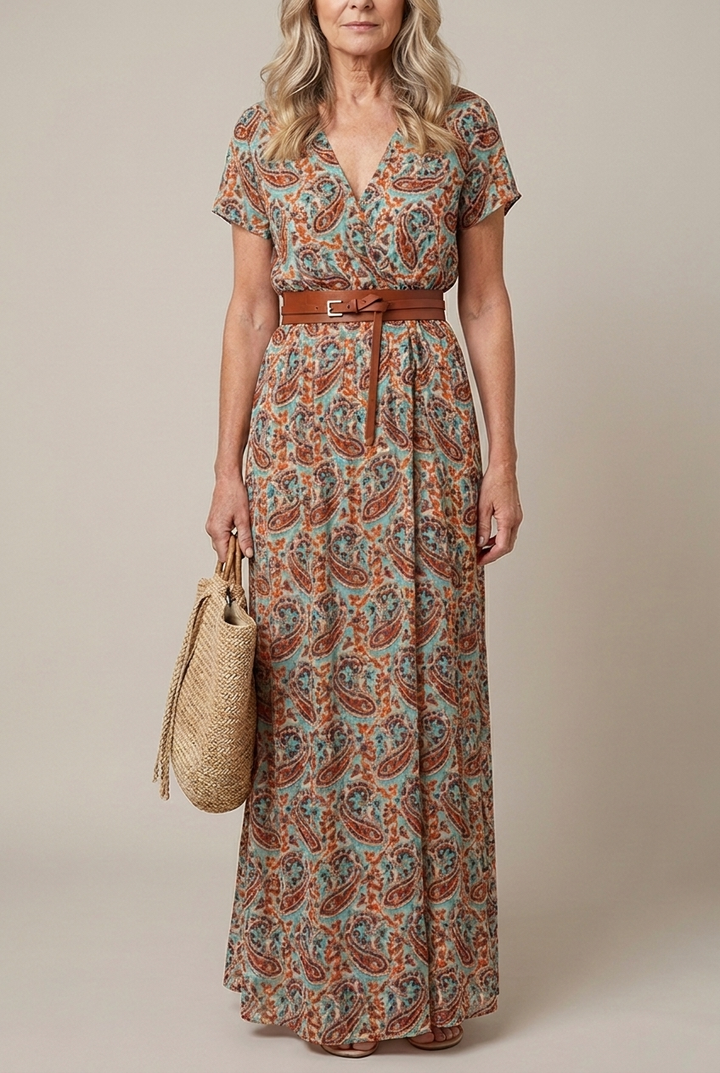 Floral Pleated Midi Dress V Neck Puff Sleeve Belted