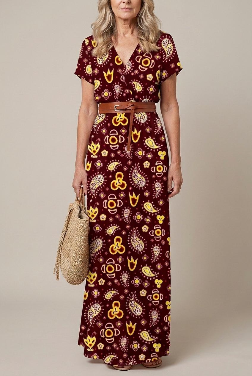 Floral Pleated Midi Dress V Neck Puff Sleeve Belted