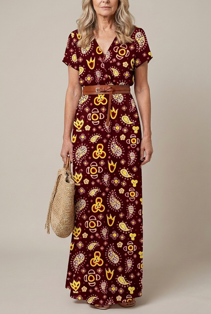 Floral Pleated Midi Dress V Neck Puff Sleeve Belted