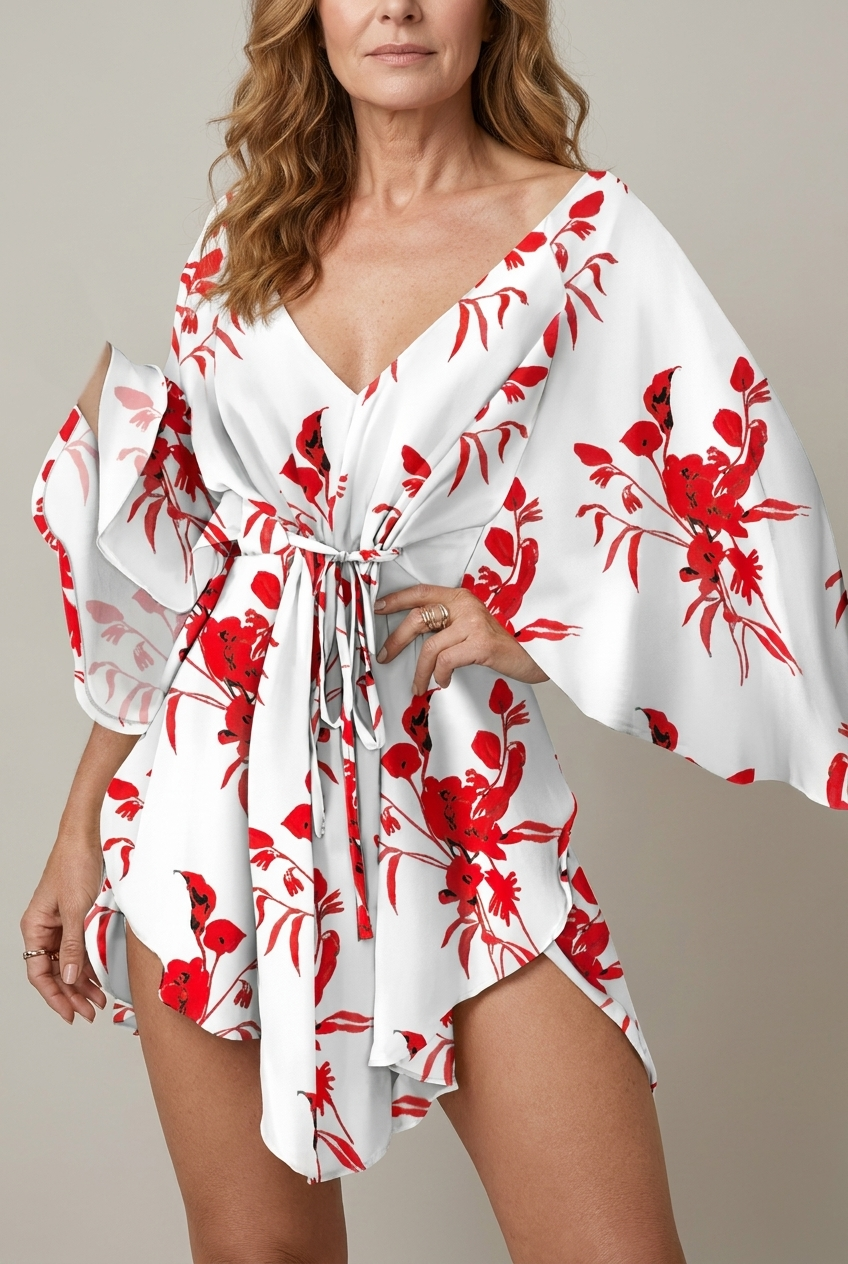 Floral V Neck Mini Sundress Batwing Sleeve Loose Fit