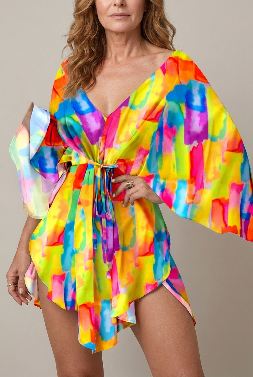 Floral V Neck Mini Sundress Batwing Sleeve Loose Fit