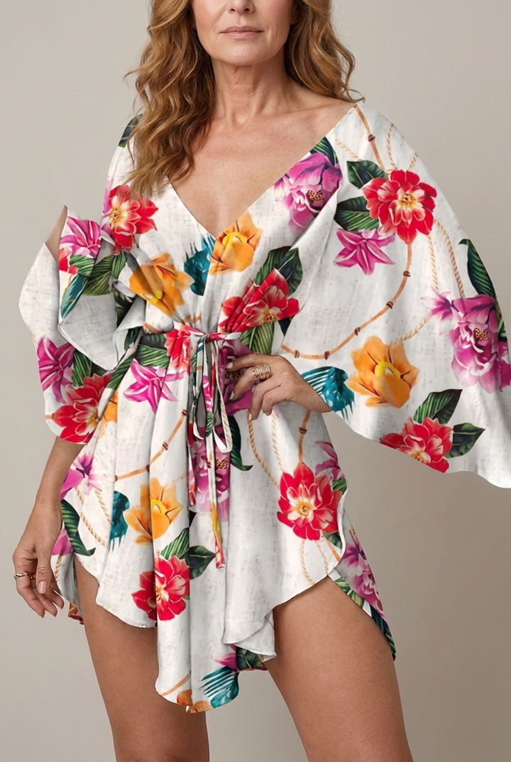Floral V Neck Mini Sundress Batwing Sleeve Loose Fit