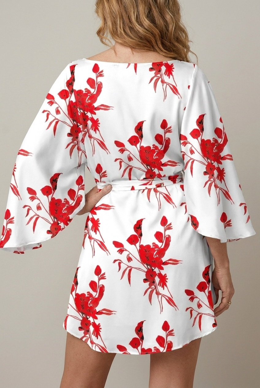 Floral V Neck Mini Sundress Batwing Sleeve Loose Fit