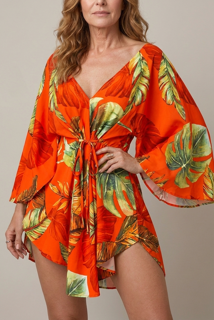 Floral V Neck Mini Sundress Batwing Sleeve Loose Fit