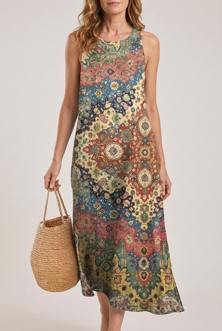 Bohemian Floral Midi Sundress Sleeveless With Pockets