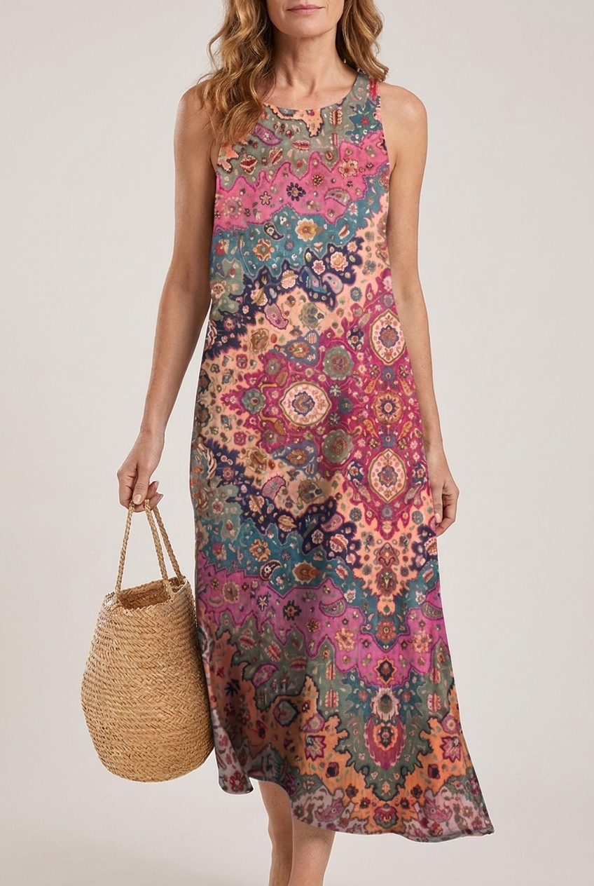 Bohemian Floral Midi Sundress Sleeveless With Pockets